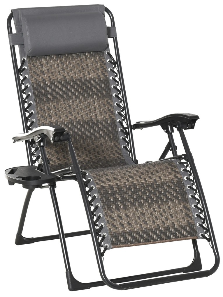 Outsunny Espreguiçadeira dobrável de vime com encosto ajustável Apoio de cabeça removível Suporte para copos e telefone Jardim Terraço 65x70x110 cm Cinza