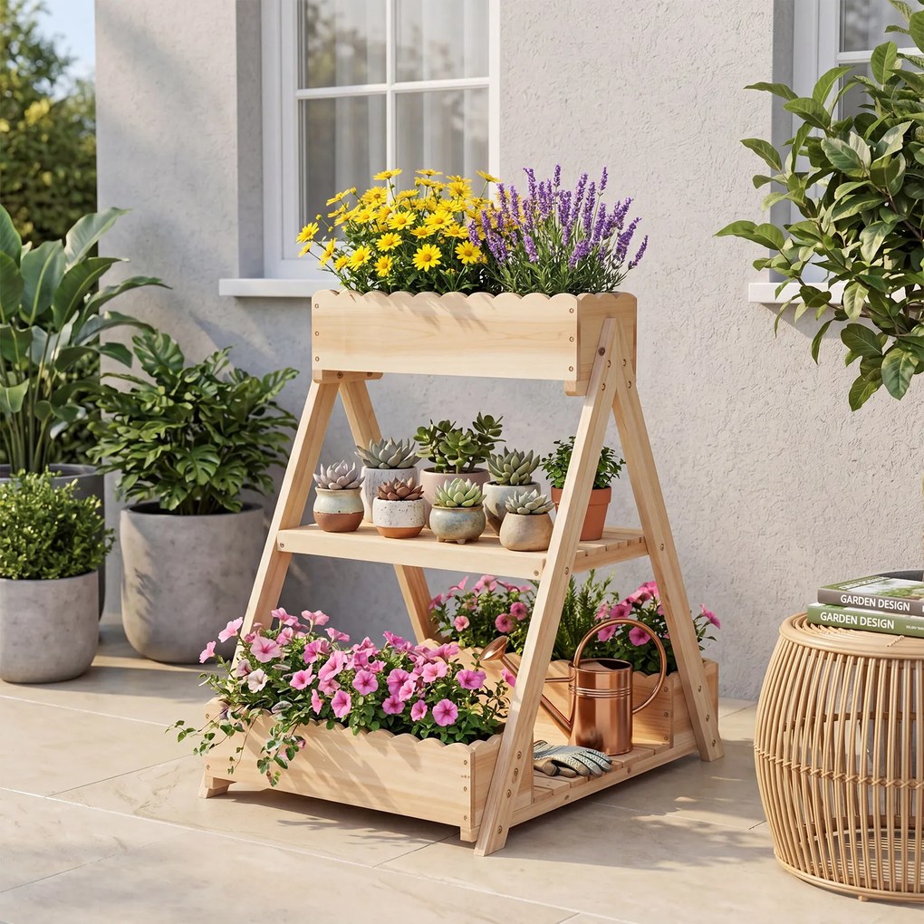 Floreira Elevada 66 x 58 x 60 cm em Madeira de Abeto com 3 Vasos, 2 Estantes e Sistema de Drenagem para Flores, Frutas e Jardim Natural