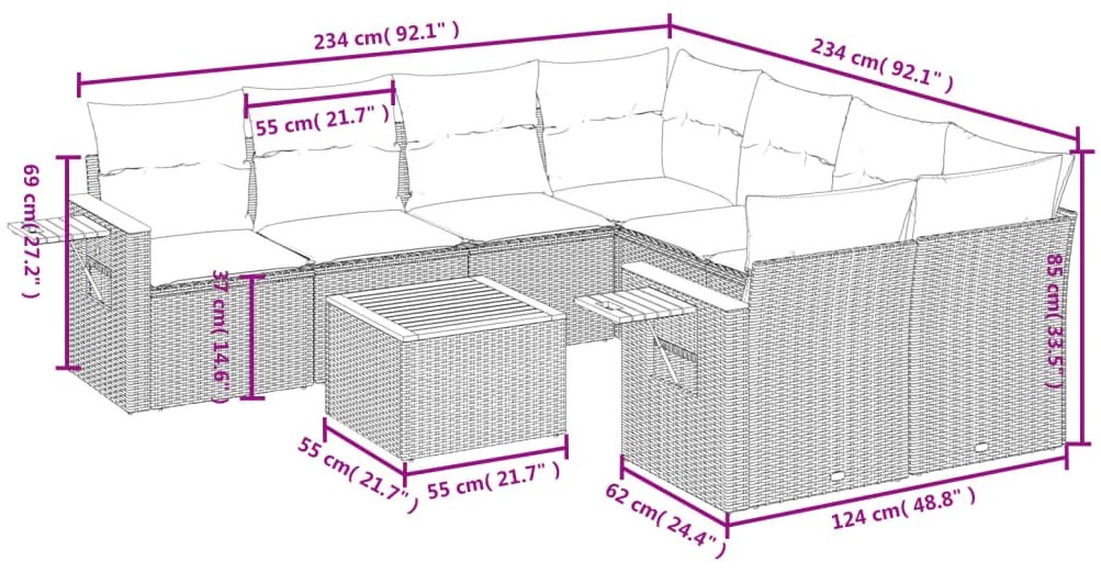 9 pcs conjunto de sofás p/ jardim c/ almofadões vime PE preto