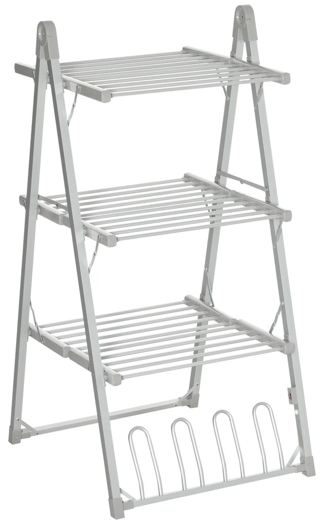 HOMCOM Estendal Elétrico Dobrável de 3 Níveis 300W Secador de Roupa com Suuporte para 2 Sapatos 66x73x135cm Prata | Aosom Portugal
