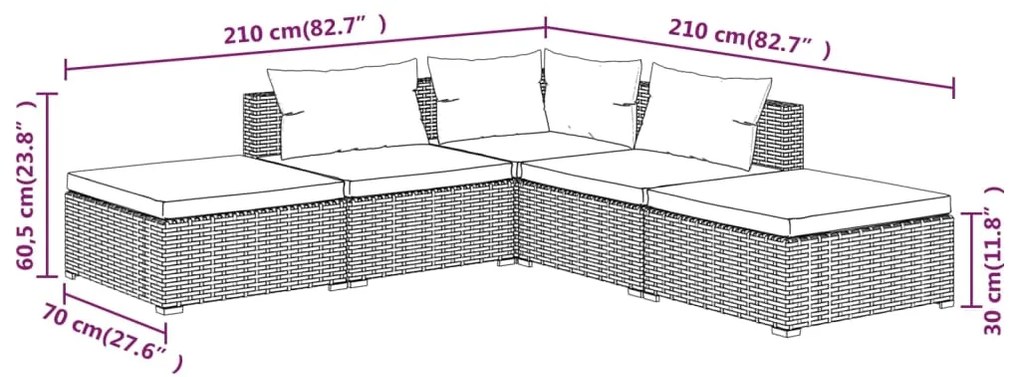 5 pcs conjunto lounge de jardim c/ almofadões vime PE preto