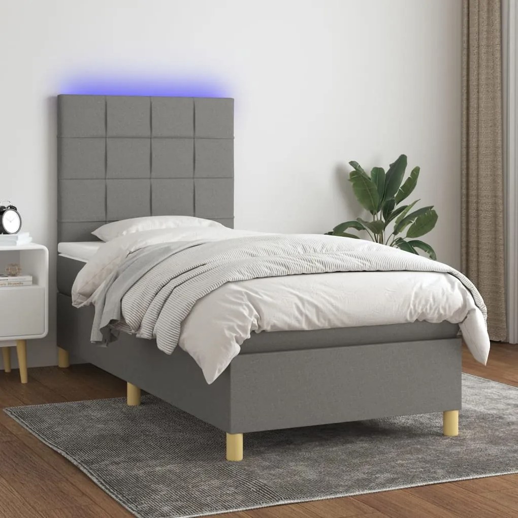 Cama box spring c/ colchão e LED 90x200 cm tecido cinza-escuro