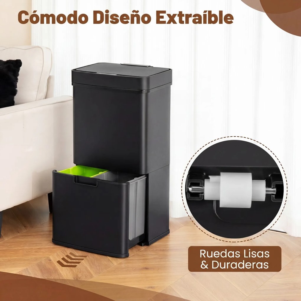 Caixote Lixo de Cozinha, 42 x 32-58 x 84-110 cm, Sensor de Movimento, Preto