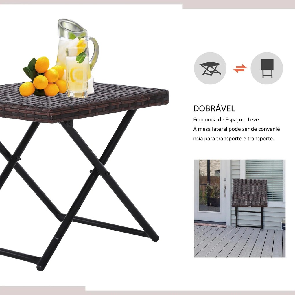 Mesa de Jardim em Vime Sintético Mesa Dobrável com Pés Cruzados e Estrutura de Aço para Pátio Varanda 40x40x40 cm Castanho