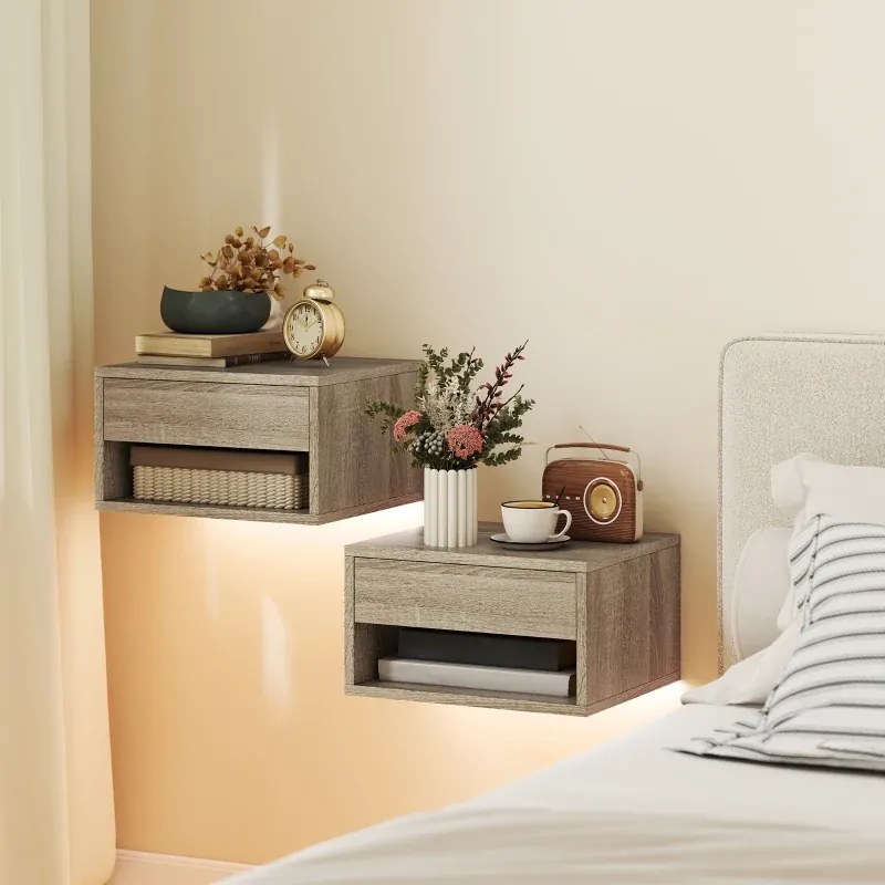 Conjunto de 2 Mesas de Cabeceira Flutuantes 37x32x21 cm com Luzes LED RGB Controlo por APP e Prateleira Aberta Madeira
