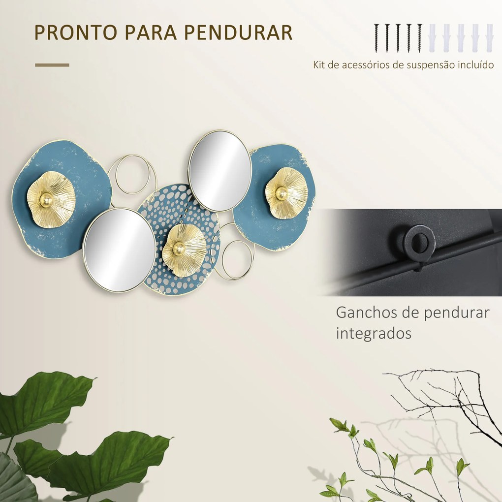 HOMCOM Decoração de Parede de Metal Espelho de Folhas de Flores 3D Arte de Parede Suspensa para Sala de Estar Dormitório Escritório 65x29cm Multicor