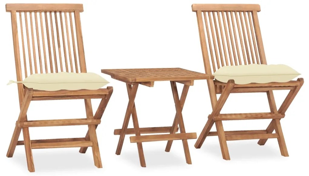 3 pcs conj. jantar dobrável exterior c/ almofadão teca maciça
