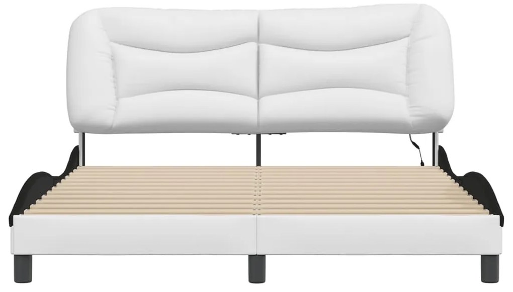 Estrutura cama c/ luzes LED 160x200cm couro artif. branco/preto