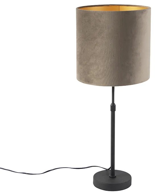 Candeeiro de mesa preto com cúpula em veludo castanho-acinzentado com dourado 25 cm - Parte Country / Rústico