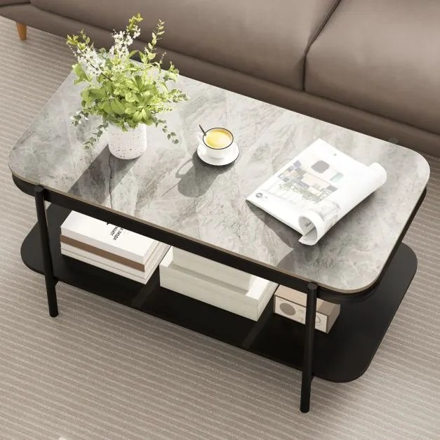 Mesa de centro Moderna Retangular 90 x 50 x 45,5 cm de 2 Níveis com Tampo Sinterizado e Estrutura Metálica Cinza