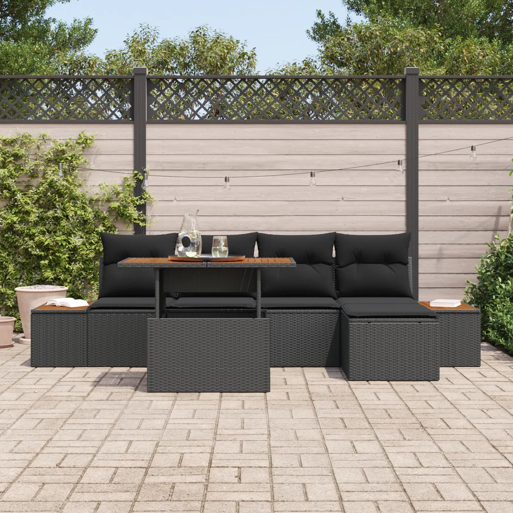 Conjunto de Jantar Jardim de 6 Peças com Almofadas em Rattan Preto e A