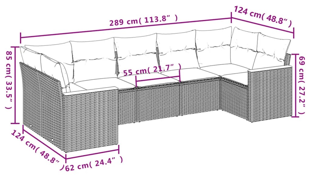 7 pcs conjunto sofás p/ jardim c/ almofadões vime PE cinzento