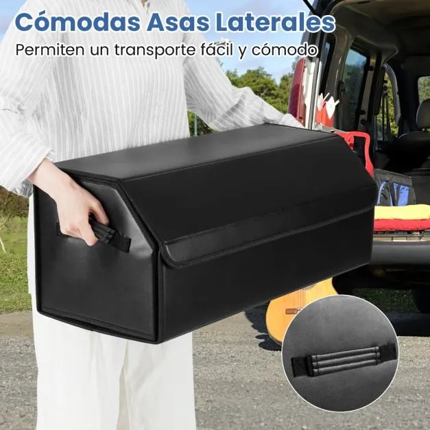 Organizador dobrável para porta-malas Carro 51L com tampa lisa em couro 30 x 69 x 27,5 cm e divisória ajustável Grande capacidade Preto