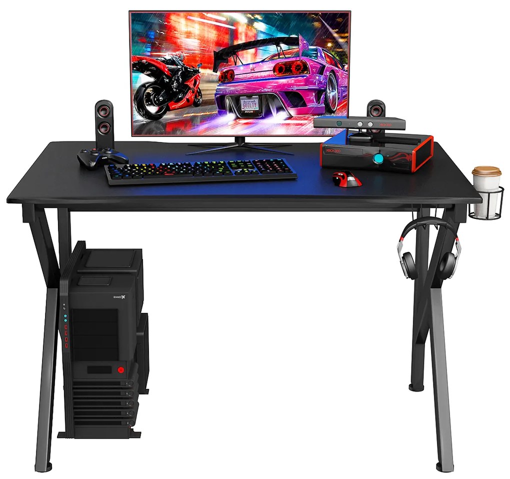 Secretária Gaming K-Shape Secretária para jogos de computador para casa e escritório com gancho para auscultadores, suporte para copos e prateleira