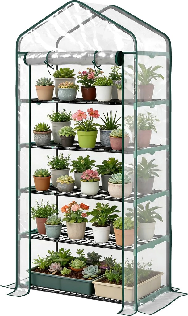 Estufa de jardim em PVC com 5 prateleiras, estufa de varanda, estrutura em aço, porta com fecho de correr, 90 x 49 x 193 cm, transparente