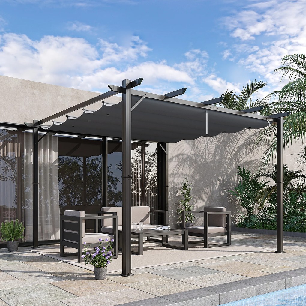 Pérgola de Jardim 3x3 m com Telhado Retrátil Proteção UPF30+ Drenagem Estrutura de Alumínio para Pátio Exterior Cinzento Escuro