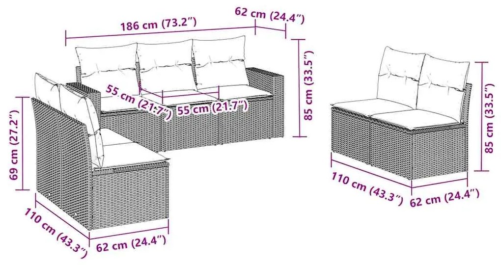 7 pcs conjunto de sofás p/ jardim c/ almofadões vime PE preto