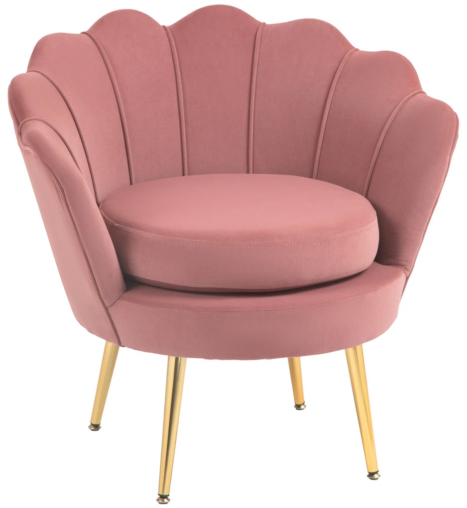 Poltrona de Sala Estofada em Veludo com Encosto em Forma de Concha e Pernas Douradas 76x67x74 cm Rosa