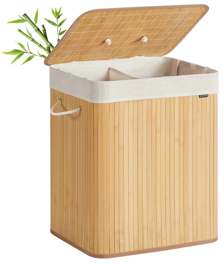 Cesto para roupa suja em bambu com 2 compartimentos 50 x 40 x 61 cm cor natural