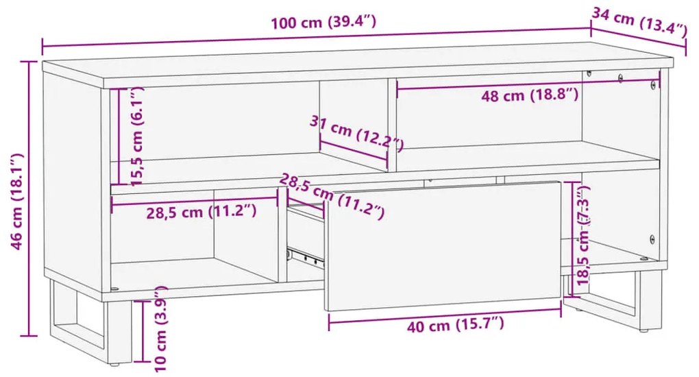 Móvel TV 100x34x46 cm madeira de mangueira áspera maciça
