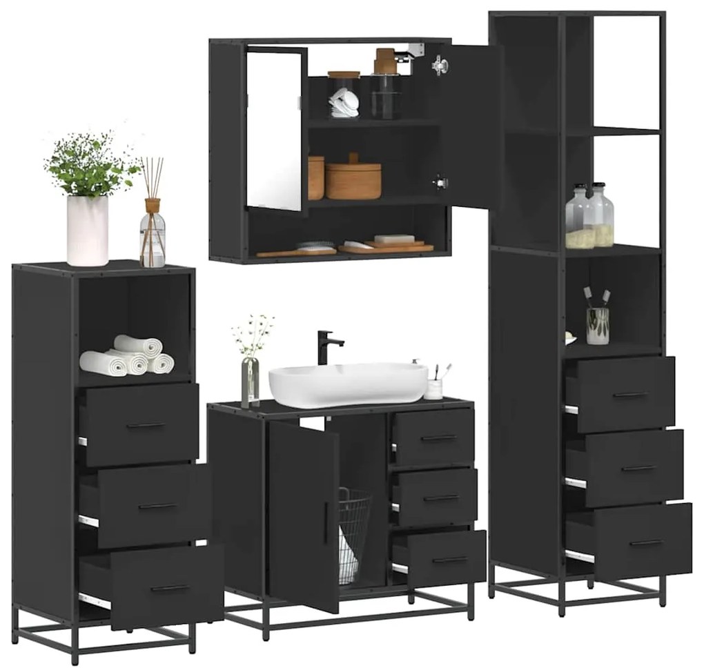 vidaXL 4 pcs conjunto móveis casa de banho derivados de madeira preto