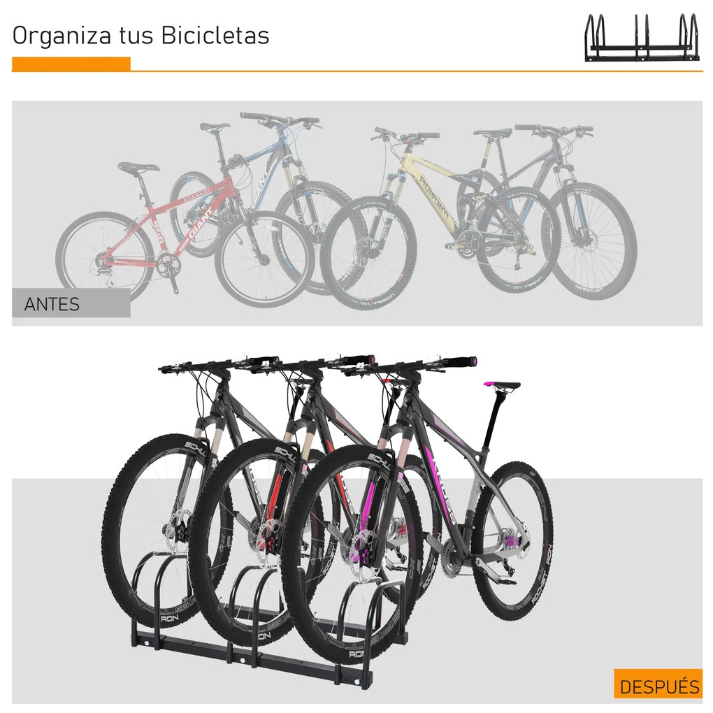 HOMCOM Estacionamento para 3 Bicicletas Suporte de Aço para Estacionar Bicicletas no chão para Interior e Exterior 70,5x33x27cm Preto