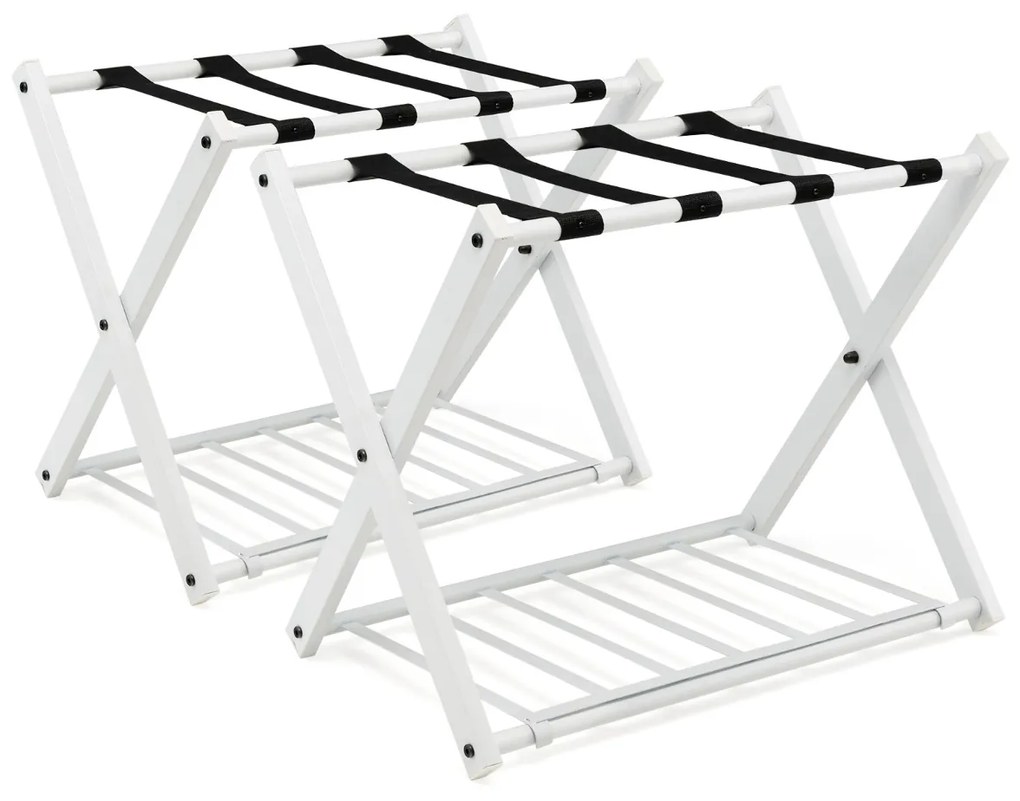 Conjunto 2 estantes de metal para bagagens até 60 kg com 4 correias estáveis e 2 pisos para casa e hotel 68 x 43 x 58 cm Branca
