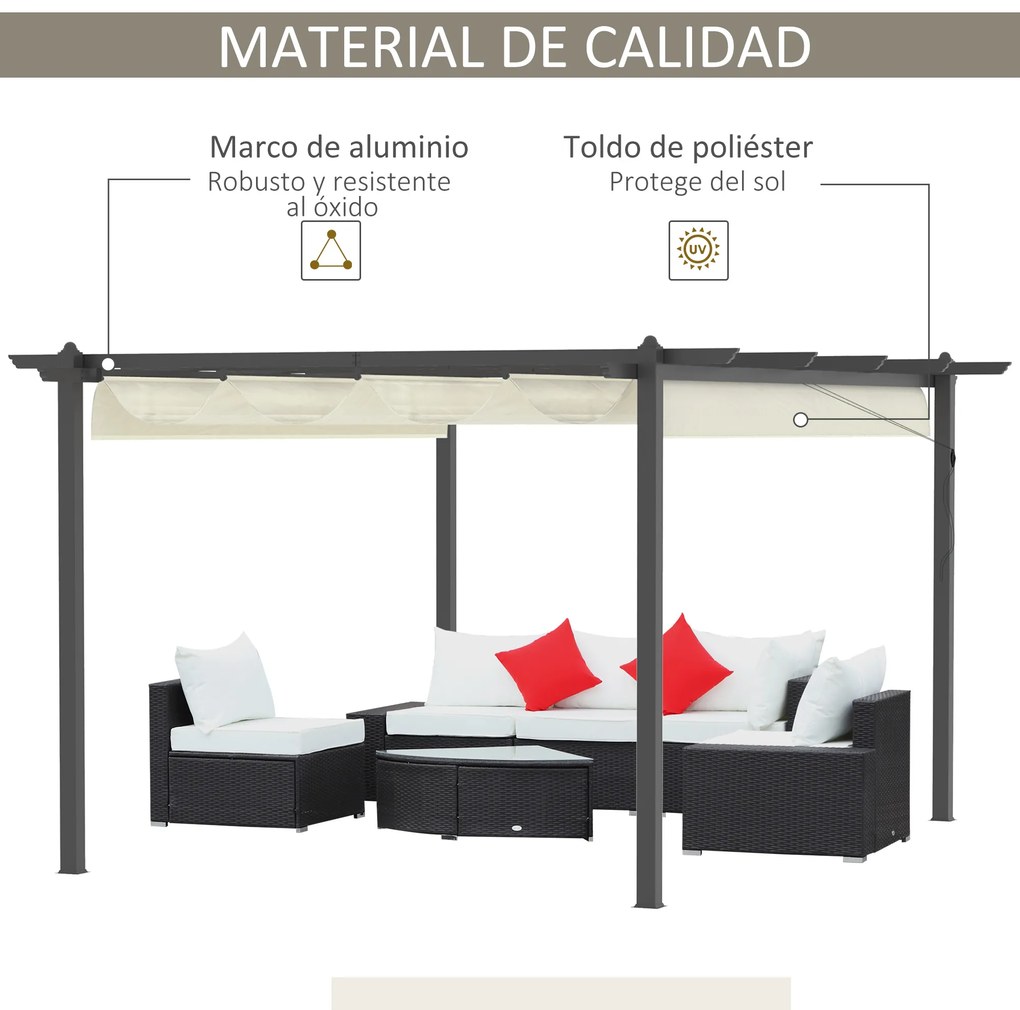 Outsunny Pérgola de Alumínio 4x3 Pérgola de Jardim com Teto Retrátil Tecido de Poliéster e 8 Orifícios de Drenagem para Pátio Terraço Exterior Creme