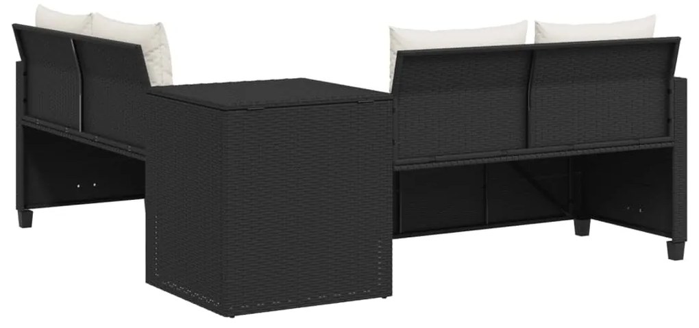 Sofá de jardim em forma de L c/ mesa e almofadões vime PE preto