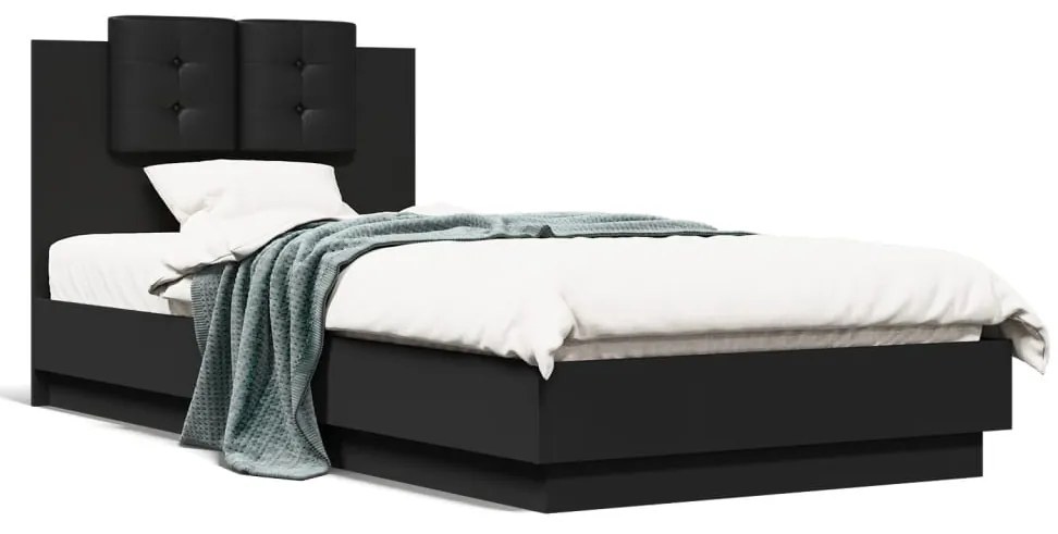Estrutura de cama com cabeceira e luzes LED 100x200 cm preto