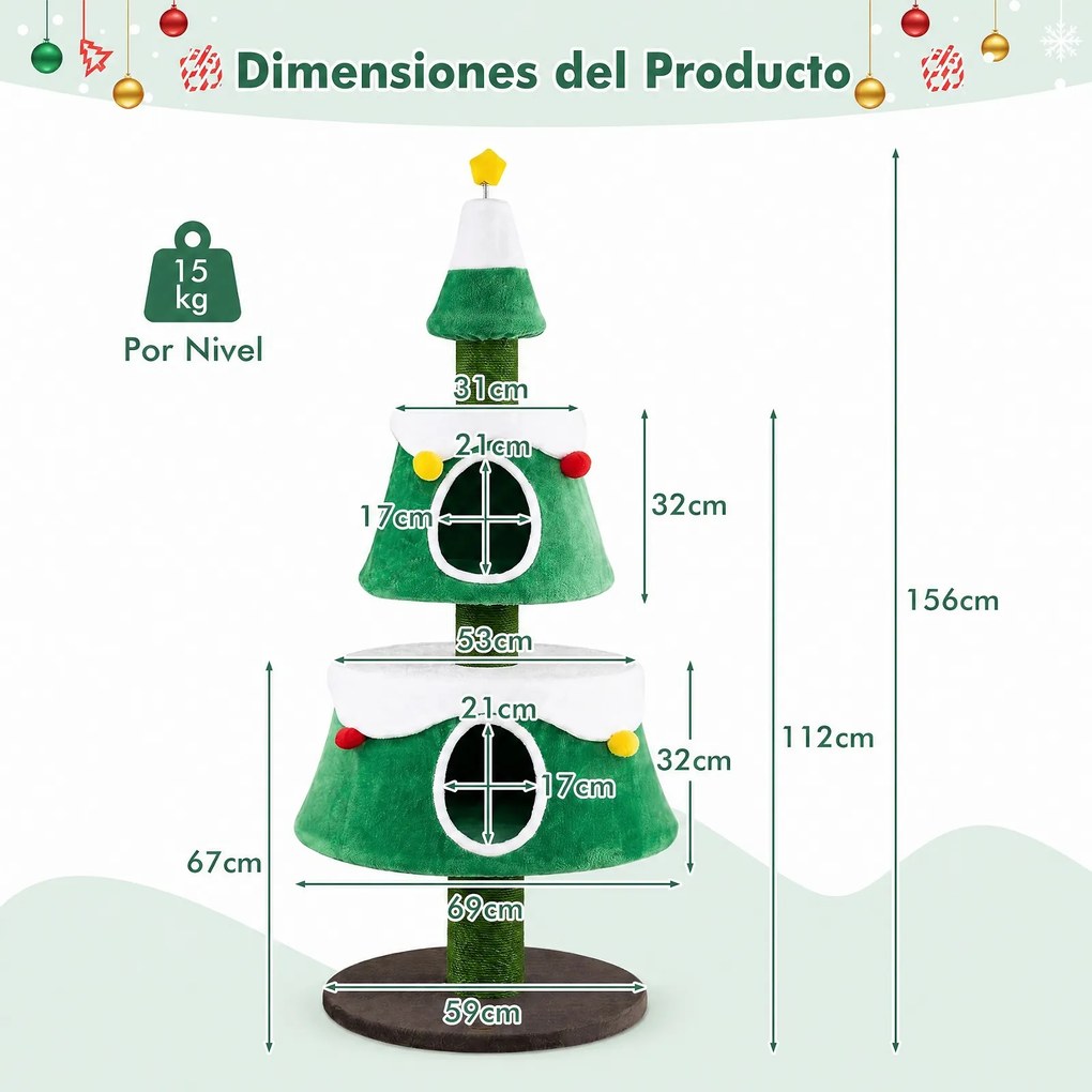 Árvore para Gatos Altura: 156, Design de Natal com Cinco Níveis, Verde