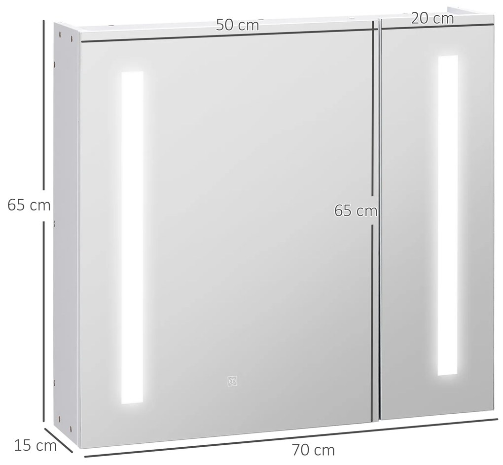 Armário com Espelho de Casa de Banho com Luz LED Suspenso 2 Portas e Interruptor Tátil Estilo Moderno 70x15x65 cm Branco