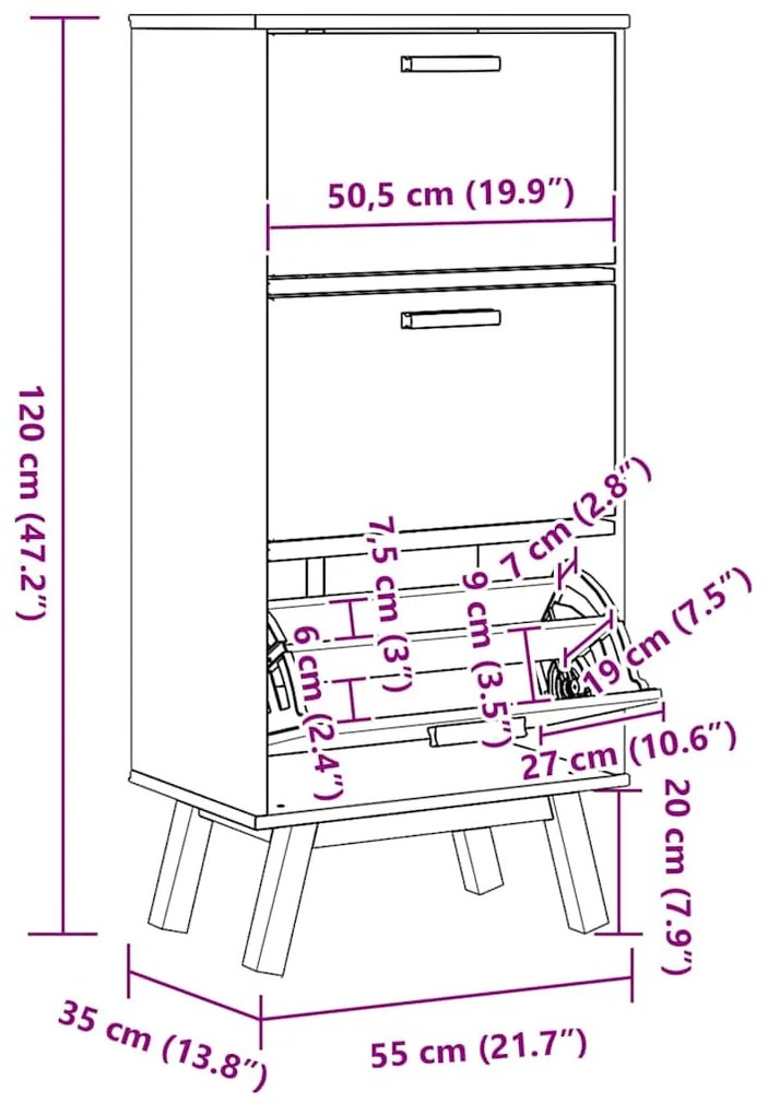 Sapateira OLDEN 55x35x120 cm pinho maciço cinzento/castanho