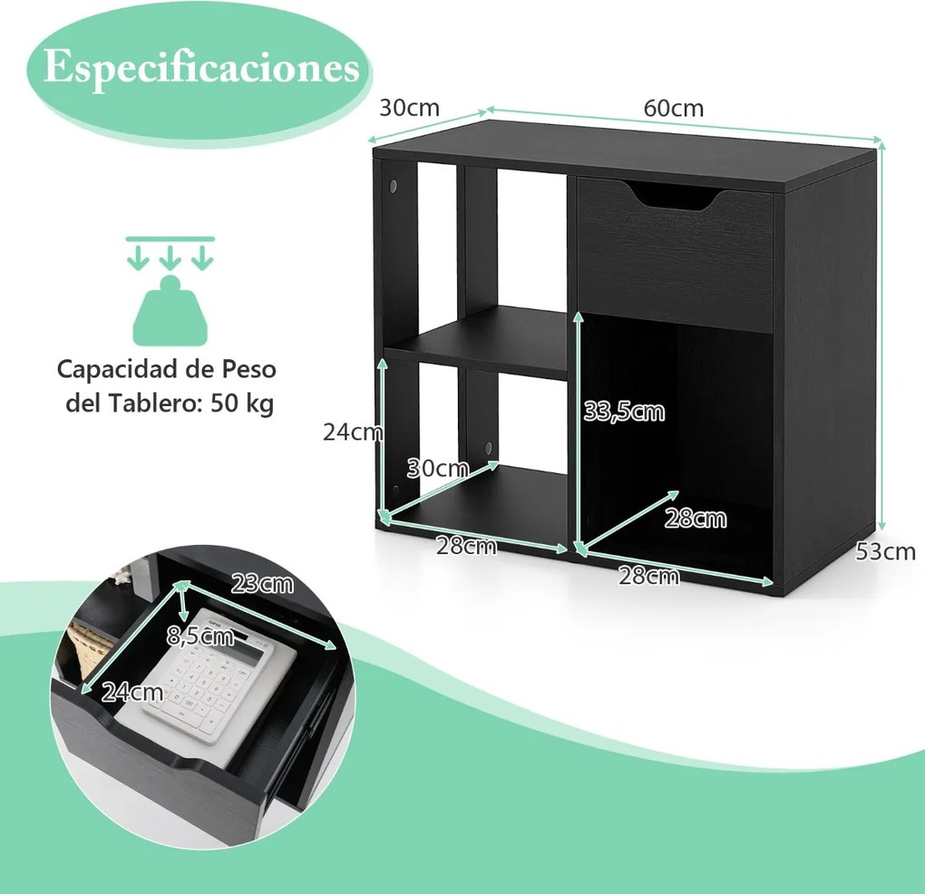 Estante de 3 cubos com gaveta  60 x 30 x 53 cm moderna e simples Preta