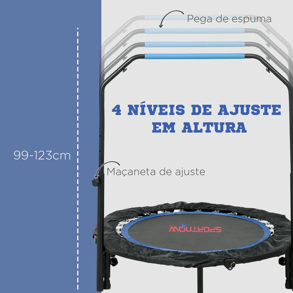 Trampolim Fitness Ø102 Trampolim Dobrável com Pega Ajustável em 4 Níveis Estrutura de Aço Azul