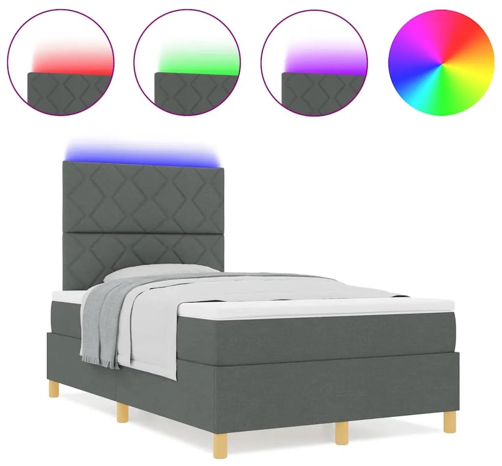 Cama Box Spring com Colchão &amp; LED Cinza Escuro 120x200 cm Tecido