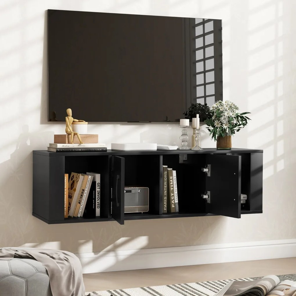 Armário suspenso para TV de 2 portas 108 x 33 x 30,5 cm com 2 cubos Consola de arrumação Preto