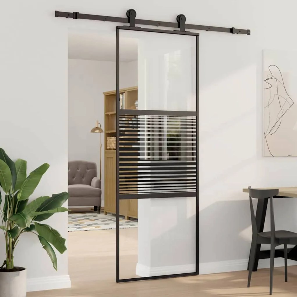 vidaXL Porta Deslizante Preto 76 x 205 cm Vidro Temperado, Alumínio