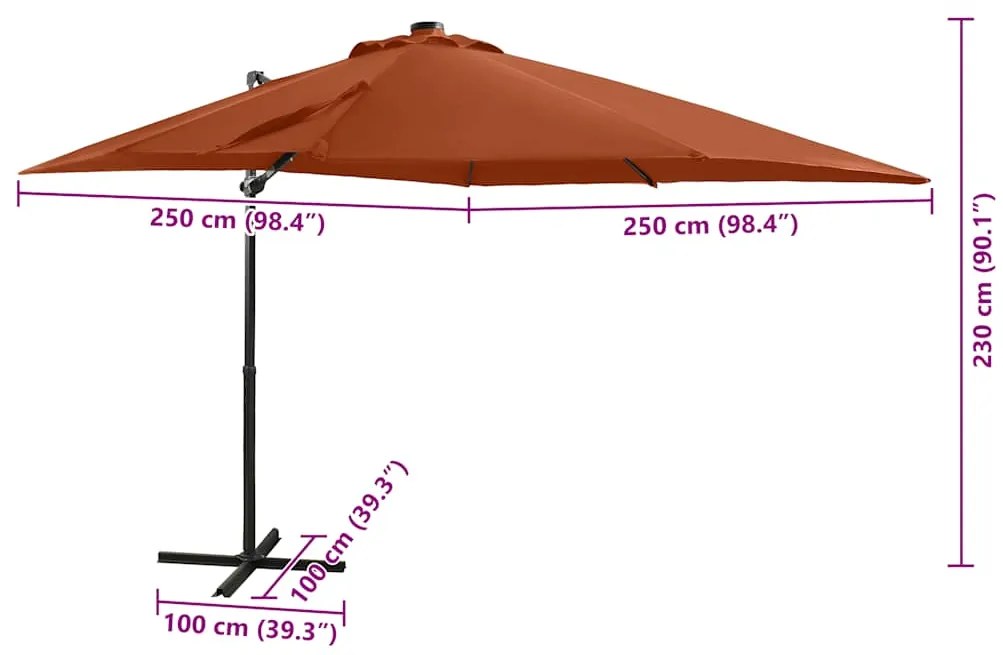 Guarda-sol jardim cantilever poste/luzes LED 250 cm terracotta