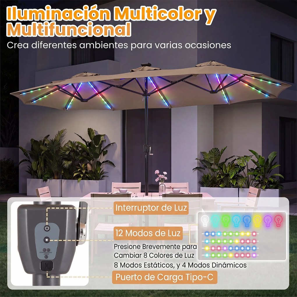 Guarda-sol Duplo Retangular de Exterior com base, 370 x 200 cm, 108 Luzes LED, Castanho