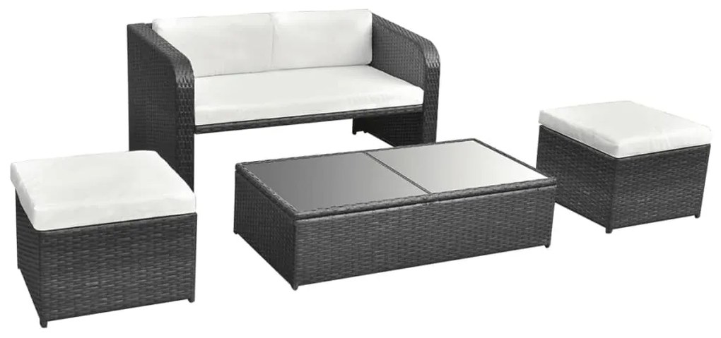 4 pcs conjunto lounge de jardim c/ almofadões vime PE preto