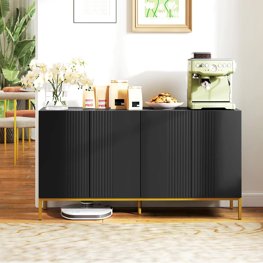 Aparador de design contemporâneo com padrão gráfico 140 x 40 x 75 cm, 2 armários e prateleiras ajustáveis, em madeira preta e metal dourado