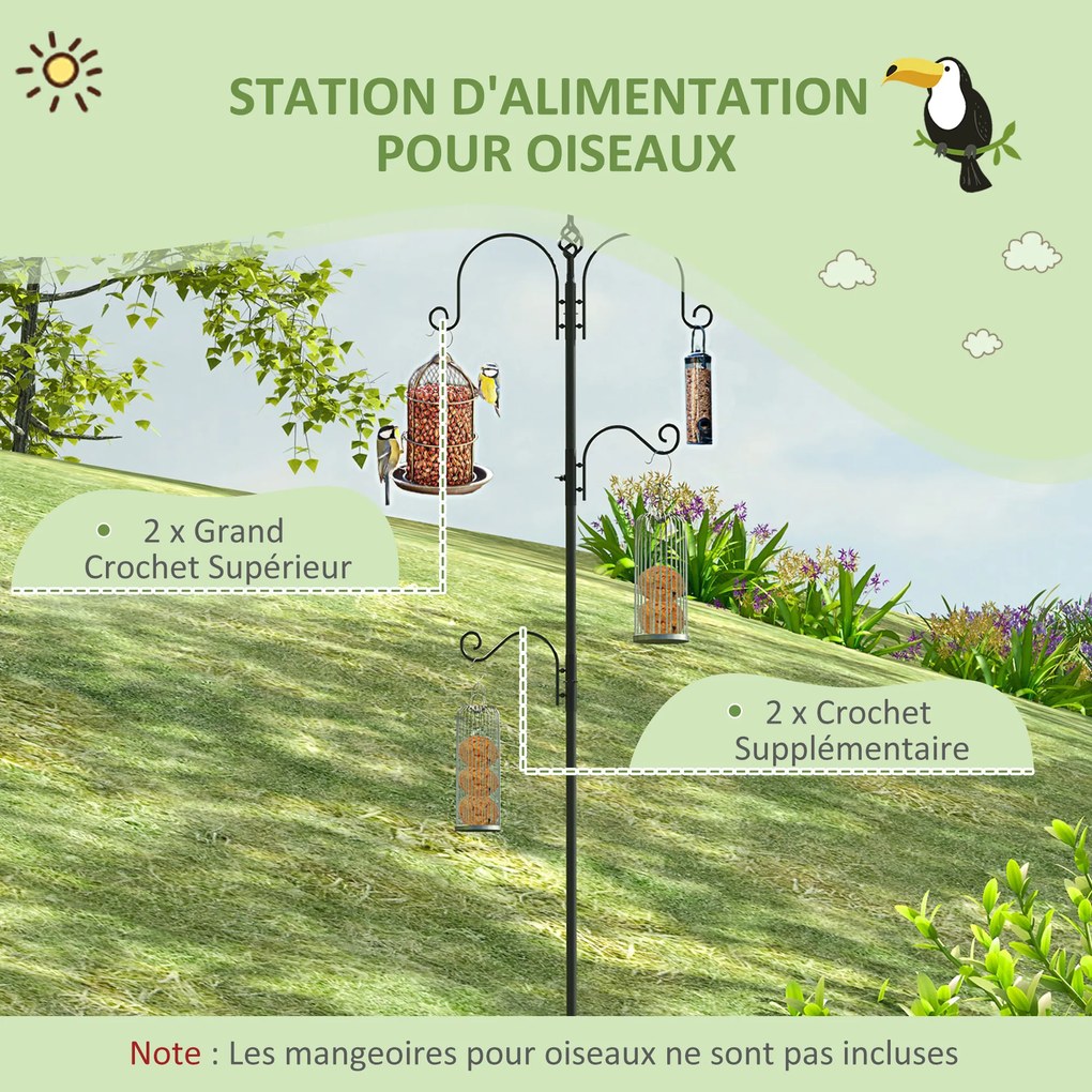 Comedouro decorativo para pássaros, com 4 ganchos, 54,5 x 54,5 x 208 cm, preto