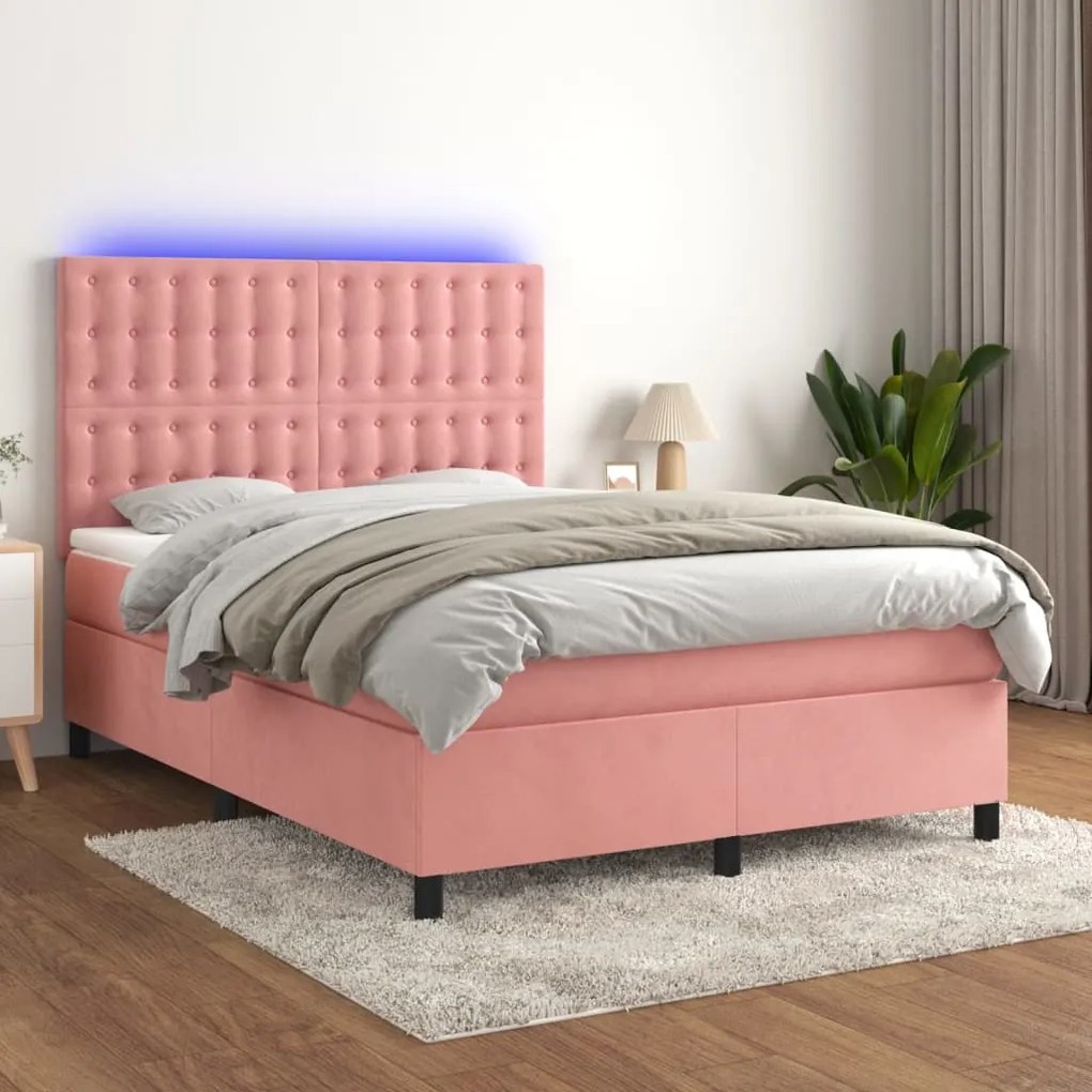 Cama box spring c/ colchão/LED 140x190 cm veludo rosa