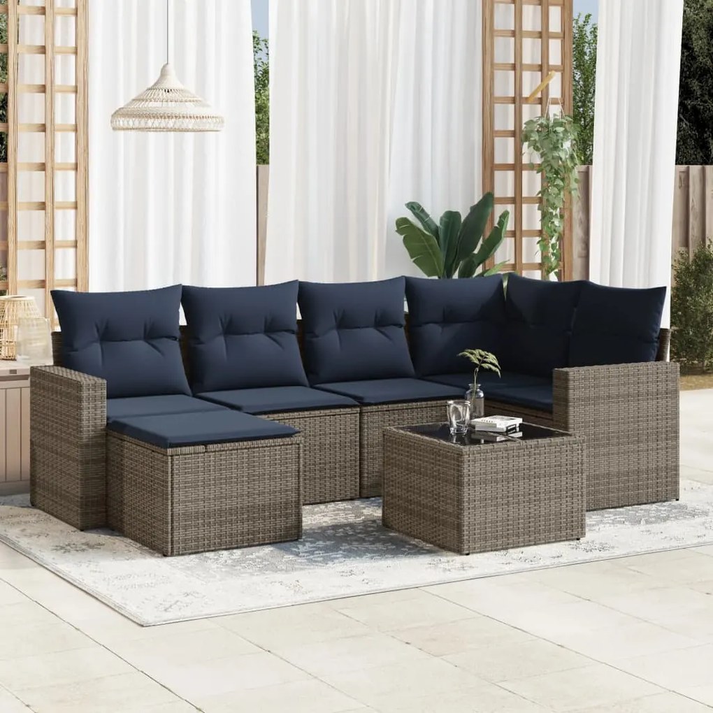 vidaXL 7 pcs conjunto sofás p/ jardim c/ almofadões vime PE cinzento