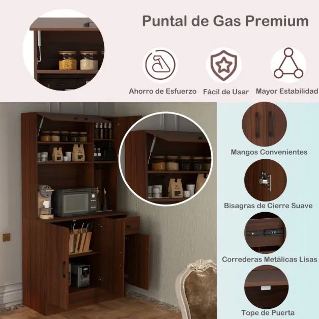 Armário para cozinha com 2 tomadas, 1 porta USB e 1 porta tipo C, gaveta e prateleiras ajustáveis 90 x 39 x 167 cm Cor Nogueira