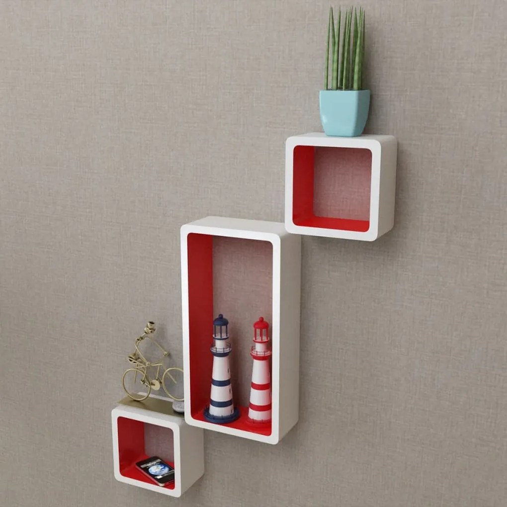 vidaXL Prateleiras de parede cubo 6 pcs branco e vermelho