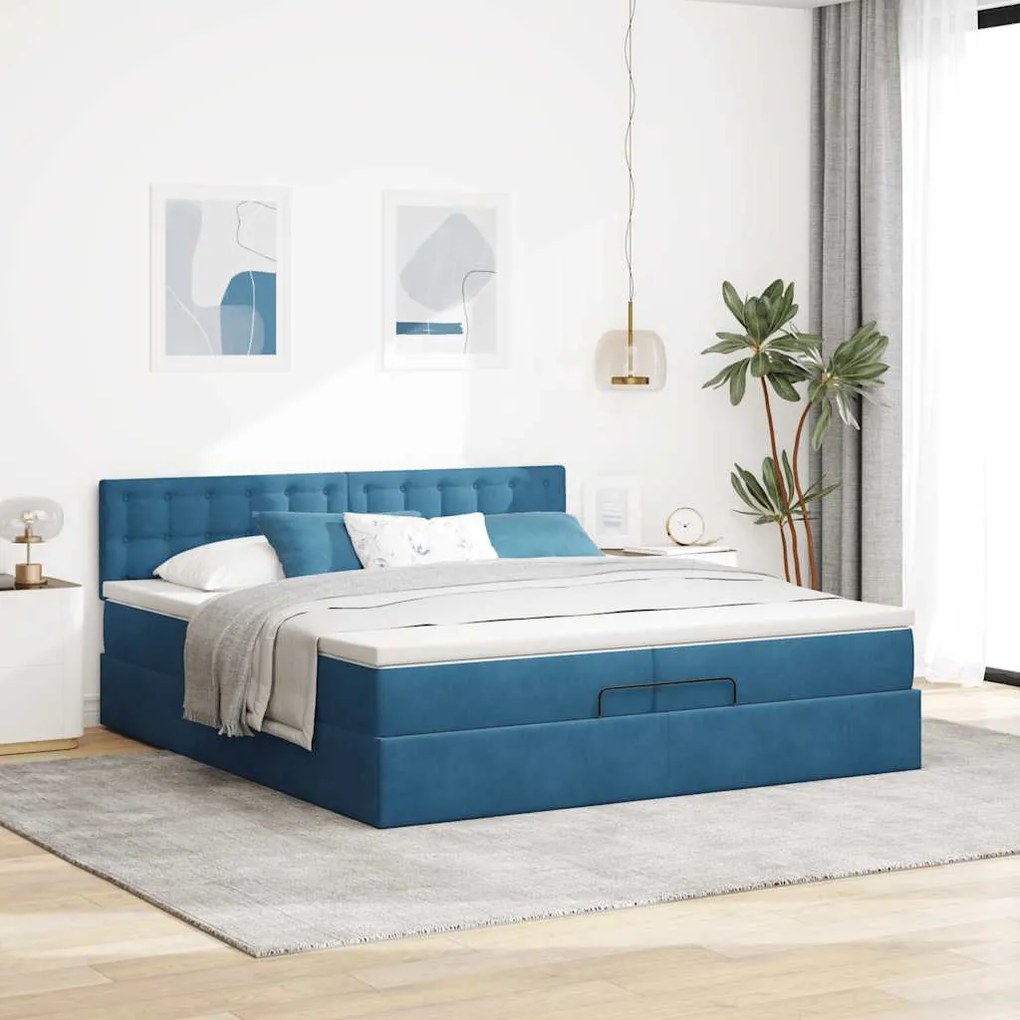 Cama otomana com colchões/LEDs 200x200 cm veludo azul-escuro