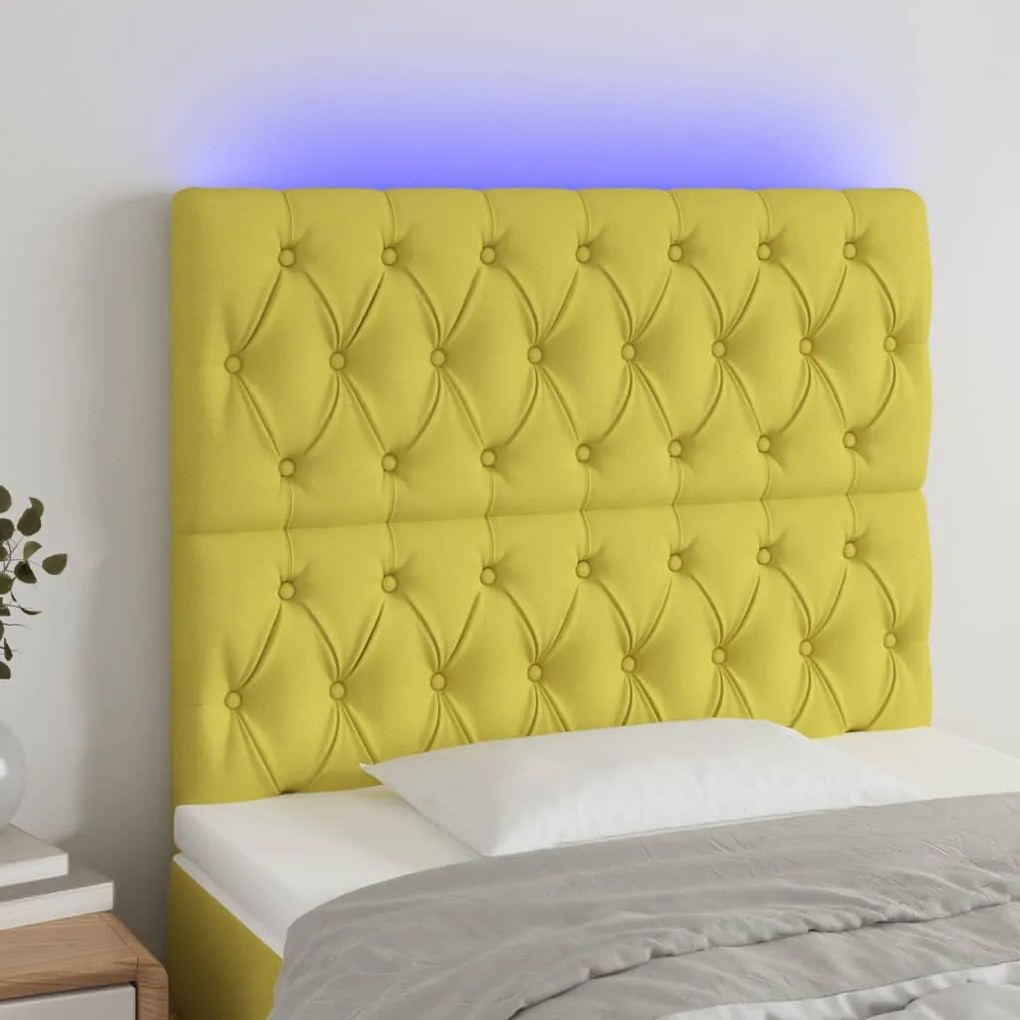 vidaXL Cabeceira de cama c/ luzes LED tecido 90x7x118/128 cm verde