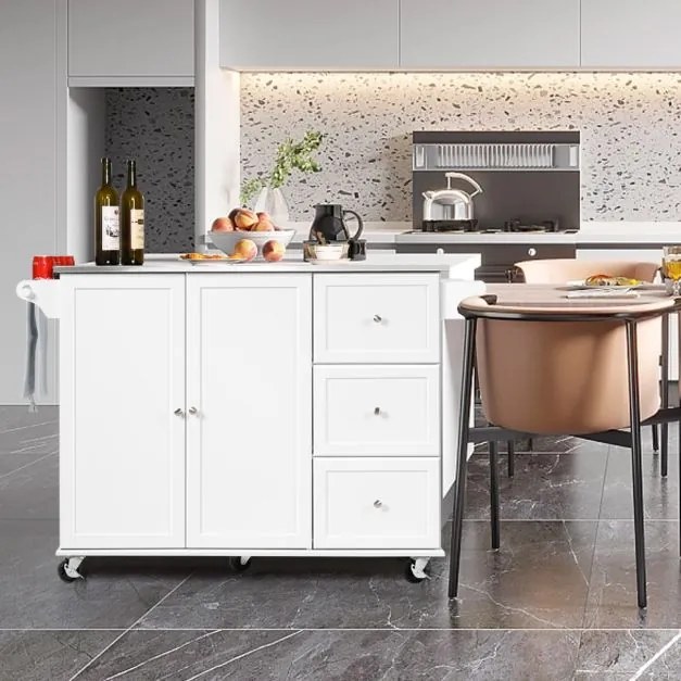 Carrinho de ilha de cozinha com bancada em aço inoxidável Estantes ajustáveis Gavetas 135 x 45,5 x 91,5 cm Branco